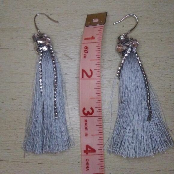 Long Grey Tassel Earrings Rhinestones Silvertone Glam Glitsy Event Party Boho - Picture 5 of 5